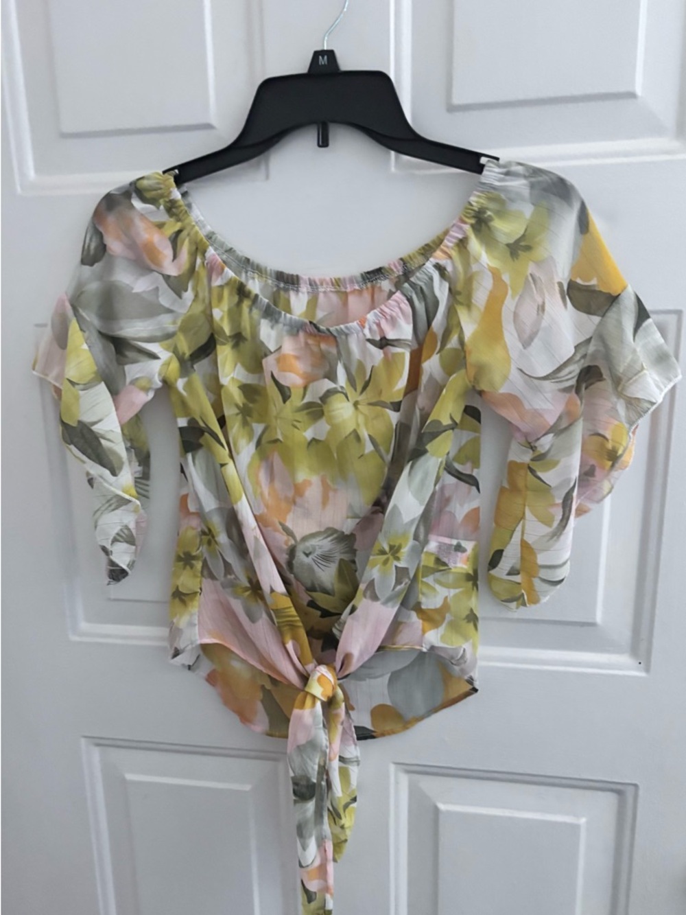 SHEIN Yellow Pink Gray White Floral Tie-Front Off-Shoulder Top